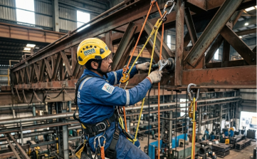 Industrial rope access worker using a wrench on steel beams inside a manufacturing factory.