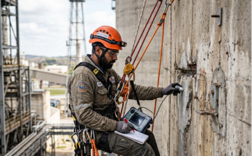 Rope access technician performing non-destructive testing and inspection on concrete industrial plant walls