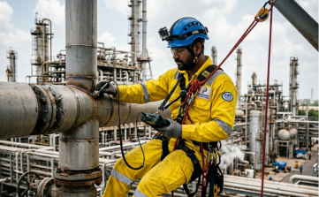 Industrial rope access engineer measuring and inspecting pipework at an oil and gas refinery facility