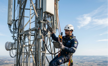 Telecom rope access technician using a tablet to inspect cables and equipment on a communication cell tower